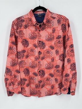 Lords of Harlech Tim Shadow Floral Coral Shirt Men's Small S Gingham Plaid